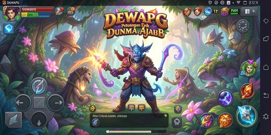 Tampilan gameplay seru dari DEWAPG yang menampilkan pertarungan epik dan dunia ajaib.
