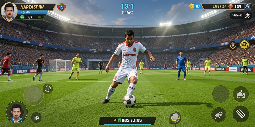 Gameplay HARTASPIN yang mendebarkan di lapangan sepak bola.