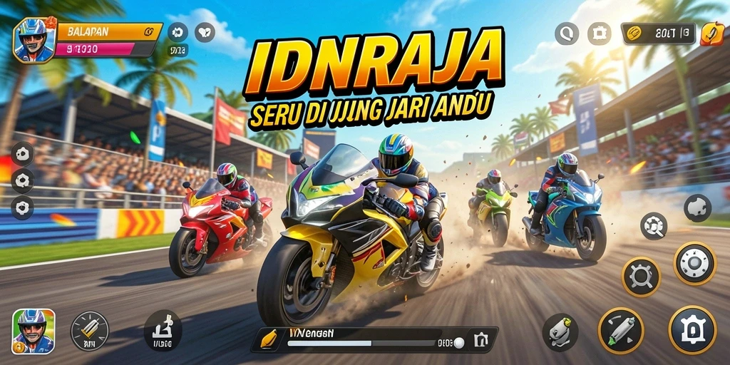 Screenshot gameplay IDNRAJA menunjukkan aksi balapan yang mendebarkan.