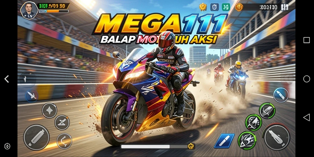 Tampilan gameplay seru MEGA111 dengan balapan motor yang mendebarkan.