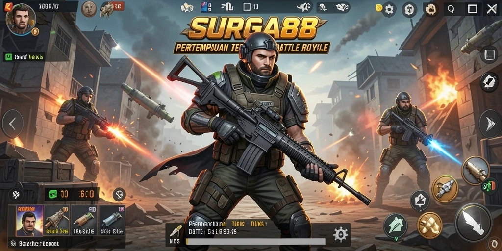 Tampilan gameplay SURGA88 saat terjun ke arena pertempuran Battle Royale.