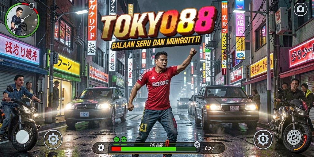 Gambar gameplay TOKYO88 yang menarik dengan mobil balap cepat di jalanan Tokyo.